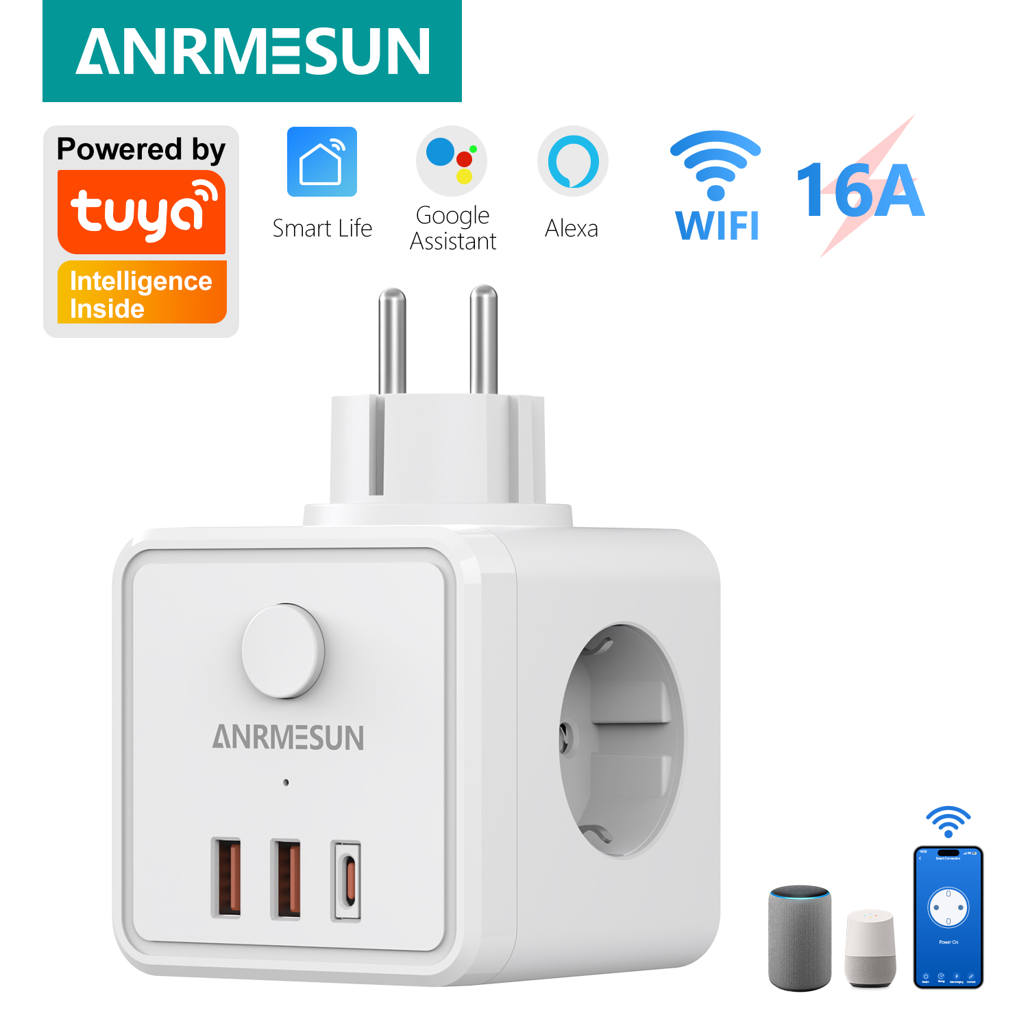 Smart Home Utilities - قابس كهربائي أوروبي بثلاثة مخارج مع